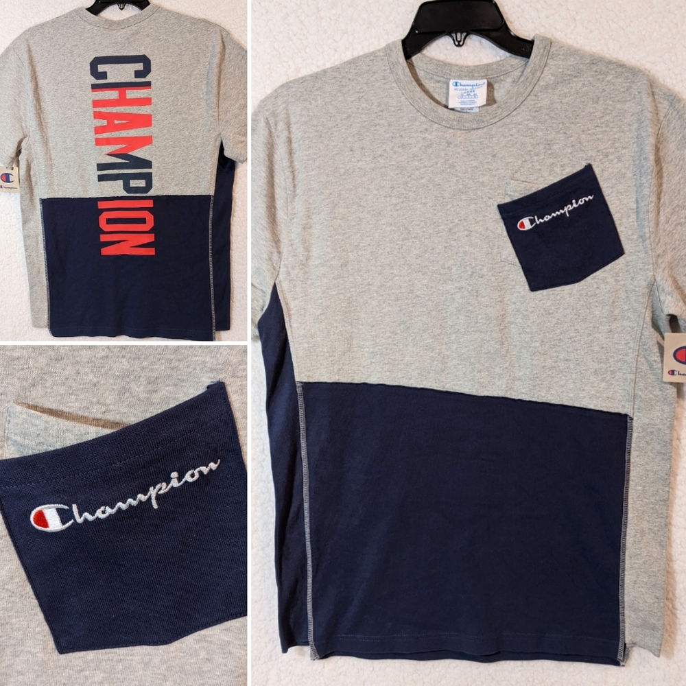 Champion Premium Cut/Sew Reverse Weave Pocket Tee Shirt L NWT Grey Navy Blue Red